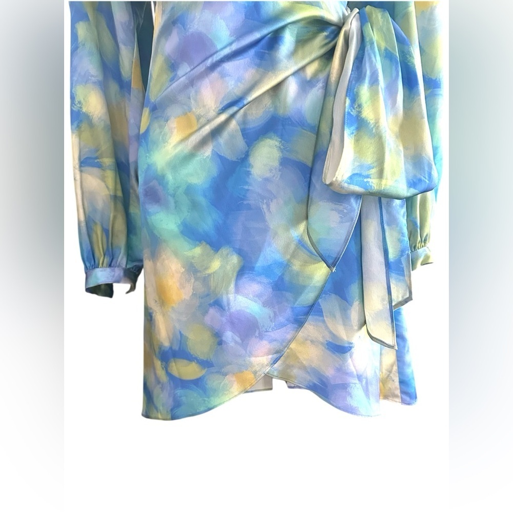 NWT Badgley Mischka Blue & Yellow Watercolor Long Sleeve Satiny Wrap Dress - Picture 7 of 10